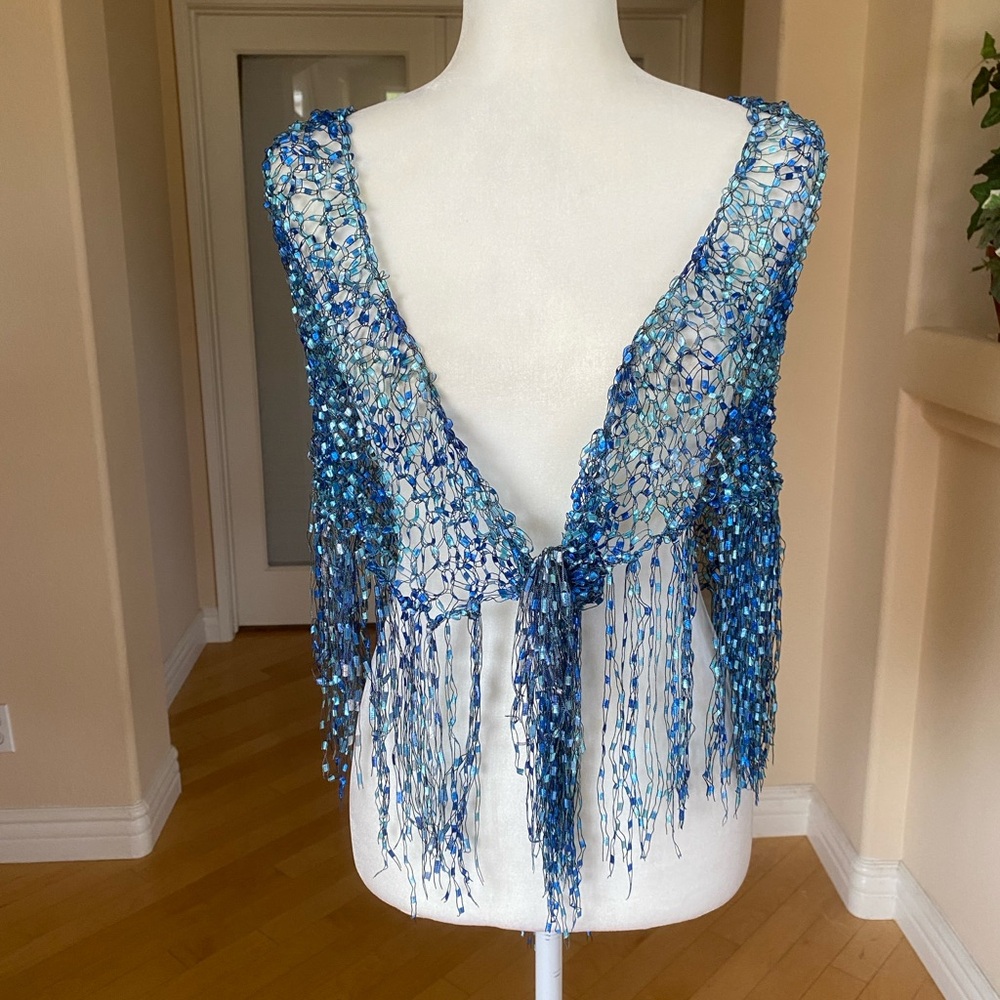 Handmade Crocheted Fringed Blue Women's Wrap - Picture 7 of 8
